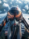Military fighter pilot in cockpit flies combat mission with weapons Royalty Free Stock Photo