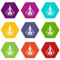 Military fighter plane icon set color hexahedron Royalty Free Stock Photo