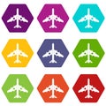 Military fighter plane icon set color hexahedron Royalty Free Stock Photo