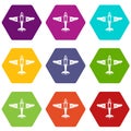 Military fighter plane icon set color hexahedron Royalty Free Stock Photo