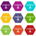 Military fighter plane icon set color hexahedron Royalty Free Stock Photo
