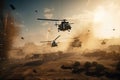 The military fighting scene on war fog sky background, Attack scene. Armored vehicles. Tanks battle. Attack helicopters flying in