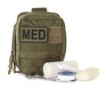 Military first aid kit with items isolated on white Royalty Free Stock Photo