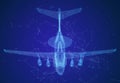 Military force AWACS jet airplane. Glowing neon particles and blue lights formation of 3d model airplane Royalty Free Stock Photo