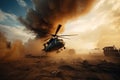 Military Forces Helicopter In A Sunset Background Full Of Smoke