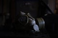 Military Gas Mask in dark ambient. Coronavirus, Covid19 pandemic prevention. Toxic, biohazard and infection danger. Apocalyptic