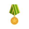 Military golden medal with star and green-yellow ribbon. Shiny army award for honor. Symbol of victory. Flat vector Royalty Free Stock Photo