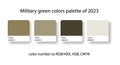 Military green colors palette of 2023. Trend color guide collection in RGB, CMYK. Color set for fashion, home interior Royalty Free Stock Photo