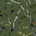 Military gun seamless pattern, automatic and hand weapon in magazine barrel with bullets for protection or war Royalty Free Stock Photo