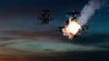 Military gunships being hit by missile and exploding Royalty Free Stock Photo