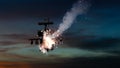 Military gunships being hit by missile and exploding Royalty Free Stock Photo