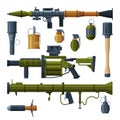 Military Hand Grenade and Bazooka Portable Rocket Launcher Collection, Combat Army Weapon Objects Flat Style Vector