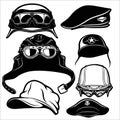 Military Hats - vector set isolated on white. Headdresses caps helmet