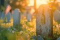 Military Headstones and Gravestones Decorated With Flags for Memorial Day. Royalty Free Stock Photo