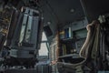 Military heavy cargo aircraft C130 or C 130 Hercules cockpit or cabin from below conveys aviation, aeronautics, navigation concept Royalty Free Stock Photo