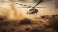 Military helicopter in active combat zone. War chopper aircraft flying for the army and landing in the desert. Royalty Free Stock Photo