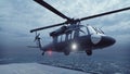 Military helicopter Blackhawk lands on an aircraft carrier on a cloudy day in the vast blue ocean. 3D Rendering