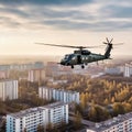 a military helicopter flies in the sky above the city. Generative AI Royalty Free Stock Photo