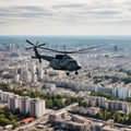 a military helicopter flies in the sky above the city. Royalty Free Stock Photo