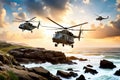 Military helicopter flying in sky over sea during military operation Navy helicopter flying in warzone, AI Generated