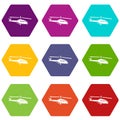 Military helicopter icon set color hexahedron Royalty Free Stock Photo