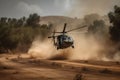 Military helicopter landing in rough terrain. Royalty Free Stock Photo