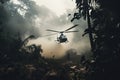 military helicopter landing in smoke-filled jungle, with armed guards ready for action Royalty Free Stock Photo