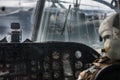 Military helicopter pilot operate in navy aircraft cabin at army base Royalty Free Stock Photo