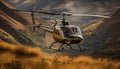 The military helicopter propeller spun, hovering mid air over mountains generated by AI