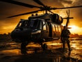Military helicopter is silhouette of soldier Royalty Free Stock Photo