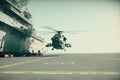 Military helicopter on warship board in the sea. Navy helicopter on board the aircraft carrier. Created with Generative Royalty Free Stock Photo