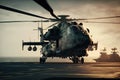 Military helicopter on warship board in the sea. Navy helicopter on board the aircraft carrier. Created with Generative Royalty Free Stock Photo