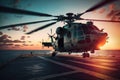 Military helicopter on warship board at sunset. Navy helicopter on board the aircraft carrier in the sea. Created with Royalty Free Stock Photo