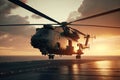 Military helicopter on warship board at sunset. Navy helicopter on board the aircraft carrier in the sea. Created with Royalty Free Stock Photo