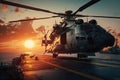 Military helicopter on warship board at sunset. Navy helicopter on board the aircraft carrier in the sea. Created with Royalty Free Stock Photo