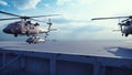 Military helicopters Blackhawk take off from an aircraft carrier at clear day in the endless blue sea. 3D Rendering