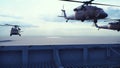 Military helicopters Blackhawk take off from an aircraft carrier at clear day in the endless blue sea. 3D Rendering