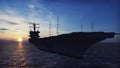 Military helicopters Blackhawk take off from an aircraft carrier at sunrise in the endless sea. 3D Rendering