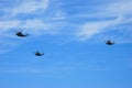 Military helicopters fly during Israeli Independence day show