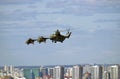 Military helicopters in the sky. Moscow city panorama