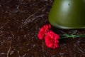 Military helmet and carnations, against the background of the monument