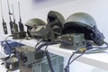 Military helmet and electronics at the exhibition