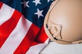 Military helmets and American flag on background Royalty Free Stock Photo