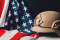 Military helmets and American flag on background Royalty Free Stock Photo