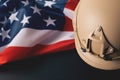 Military helmets and American flag on background Royalty Free Stock Photo
