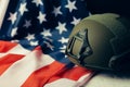 Military helmets and American flag on background Royalty Free Stock Photo