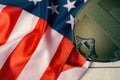 Military helmets and American flag on background Royalty Free Stock Photo