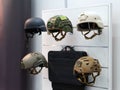 Military helmets. Military safety helmets made of Kevlar at the stand of the international exhibition ARMS AND SECURITY - 2021.