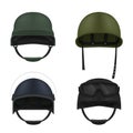 Military helmets realistic set. Soldier hardhat. War outfit. Army uniform elements.