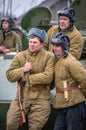 Military-historical reconstruction of one of the battles near Moscow in 1941 in the Kaluga region of Russia. Royalty Free Stock Photo